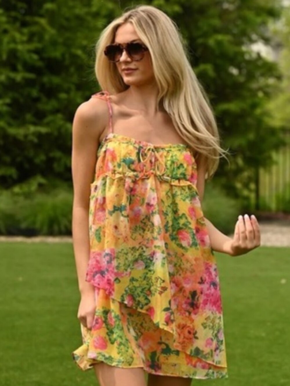 Source Unknown Yellow Floral Mini Dress with Pink & Green Accents